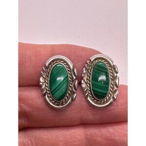Malachite Stud Earrings Oval Southwestern Silver Tone Boho Statement Artisan